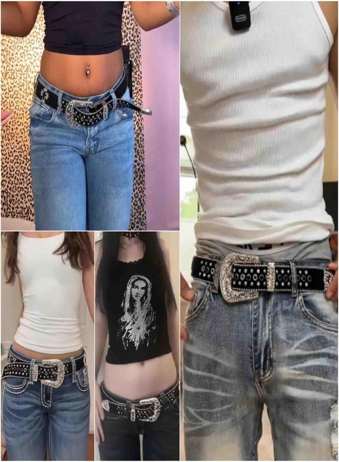 Winatehr rhinestone studded cowgirl and cowboy black y2k goth belt, western country emo leather punk rock chunky designer belts for women and mens, trendy grunge scene clothes accessories - Image 2